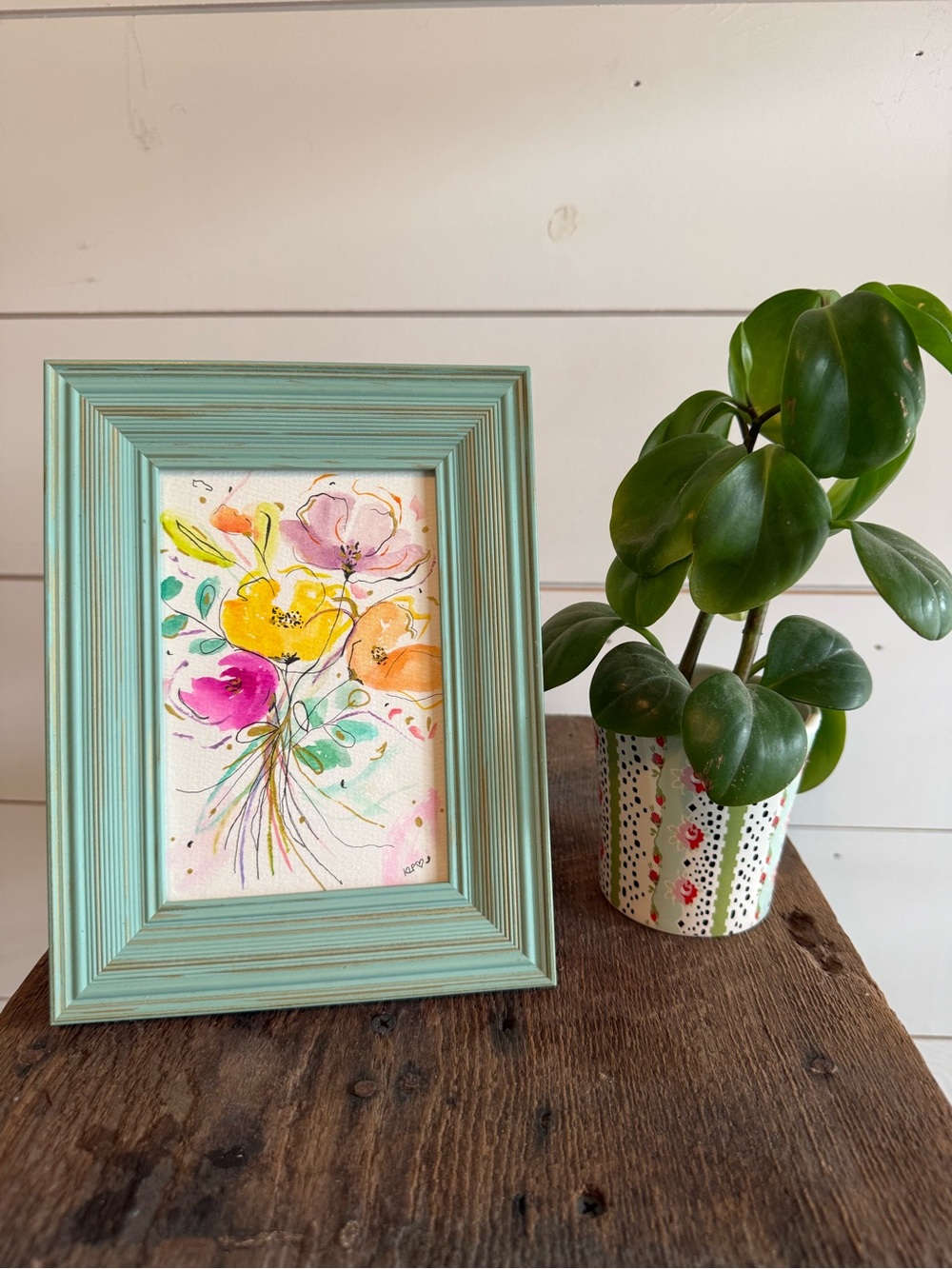 Hand crafted watercolor original in 4x6 teal frame